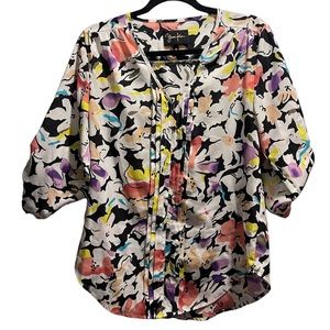 Yumi Kim silk floral blouse Sz M women's button down V-neck top roll-up sleeve